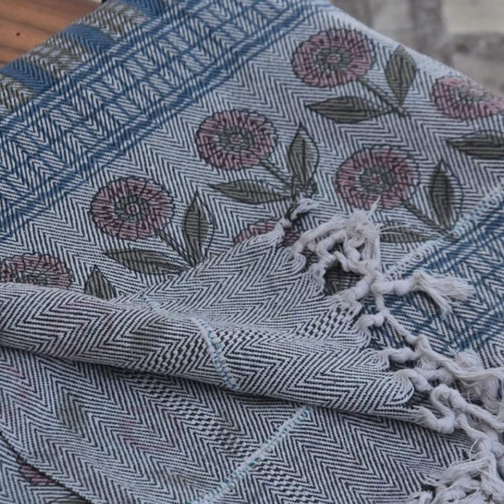 Fabdivine Choco Chips Handwoven 100% Cotton Throw Blanket - Floral Block Print Decorative Sofa & Bed Throw with Fringe, 90"x54"