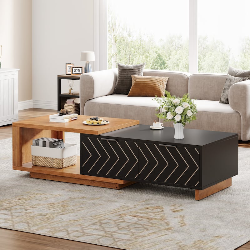 Extendable Coffee Table with 2-drawer and Wood Sliding Tabletop for Living Room