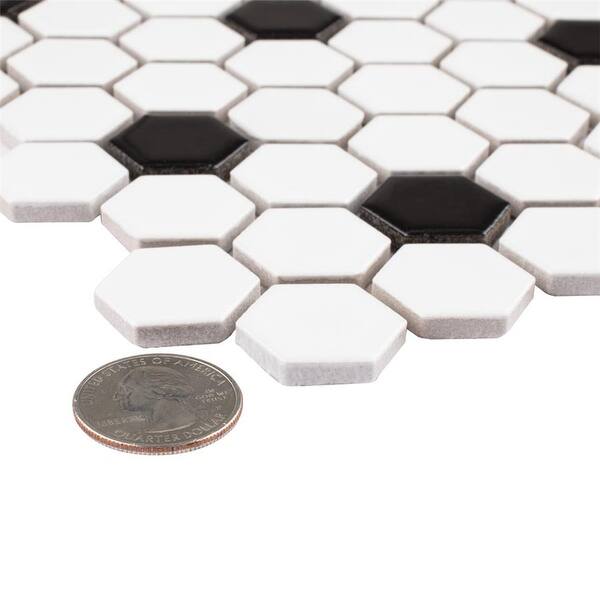 Merola Tile Madison Hex Matte 11-7/8 in. x 10-1/4 in. x 6mm Cool White with Black Dot Porcelain Mosaic Tile Merola Tile Madison Hex Matte 11-7/8 in. x 10-1/4 in. x 6mm Cool White with Black Dot Porcelain Mosaic Tile