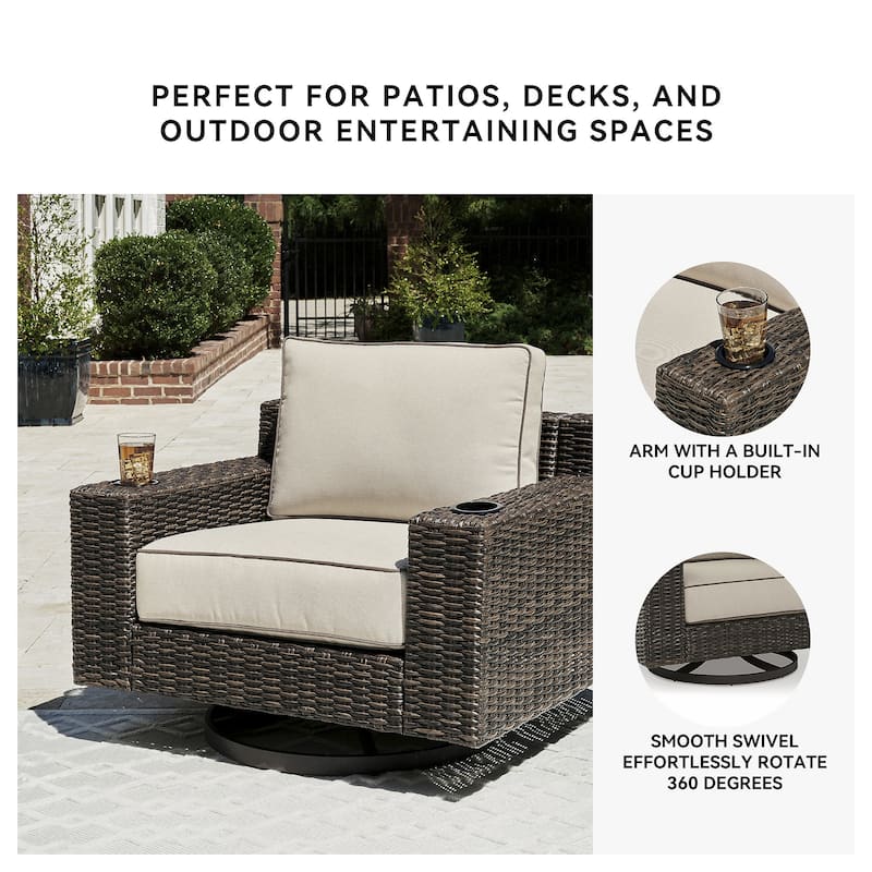 Signature Design by Ashley Coastline Bay Brown Outdoor Swivel Lounge with Cushion - 42.63" W x 36.25" D x 35" H
