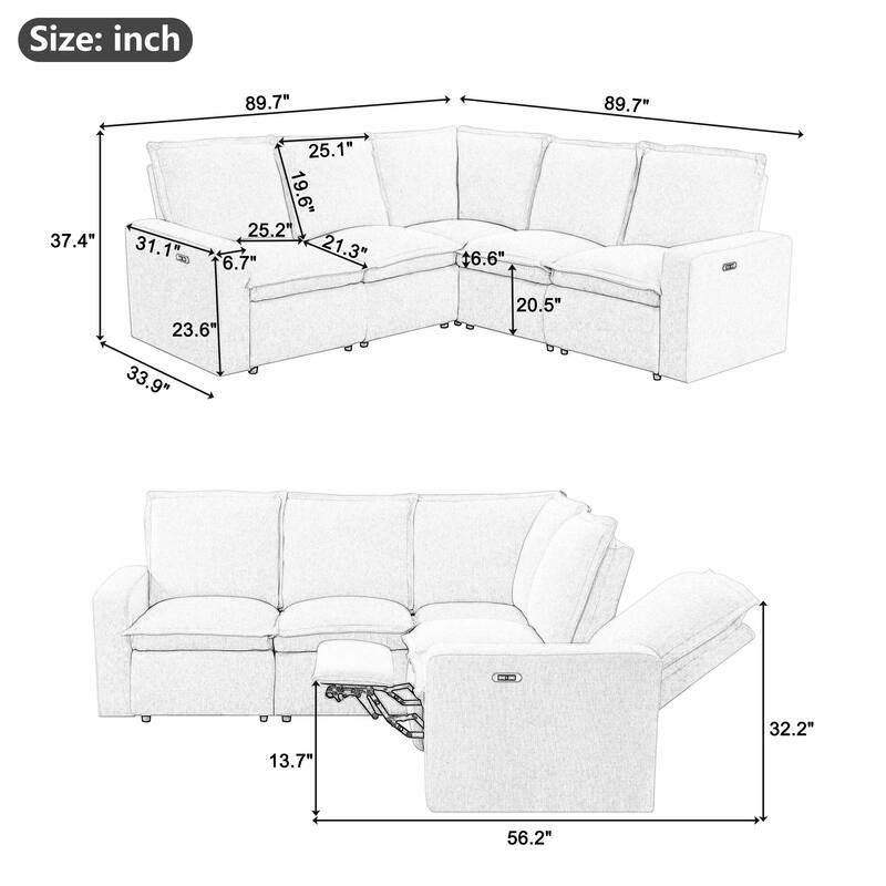 89.76'' L-Shaped 5-Seat Sectional Sofa with Power Recliner Chair, USB Charging, and Plush Home Theater Seating
