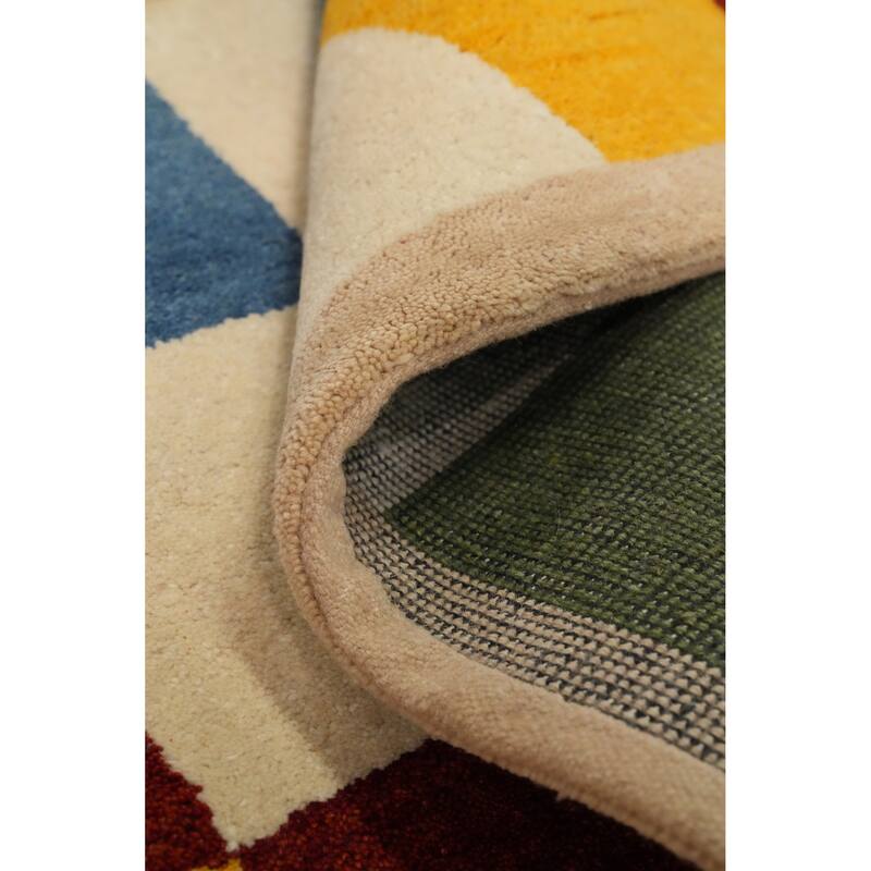 Hand Knotted Oriental 100% Wool Carpet Modern Geometric Multi-Colored Gabbeh Area Rug - 6' 7'' X 4' 9''