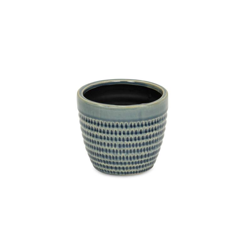 HomeRoots Blue Ceramic 22 Ounce Dotted Round Distressed Pot Planter - 5.25 in. x 4.25 in. x 5.25 in.