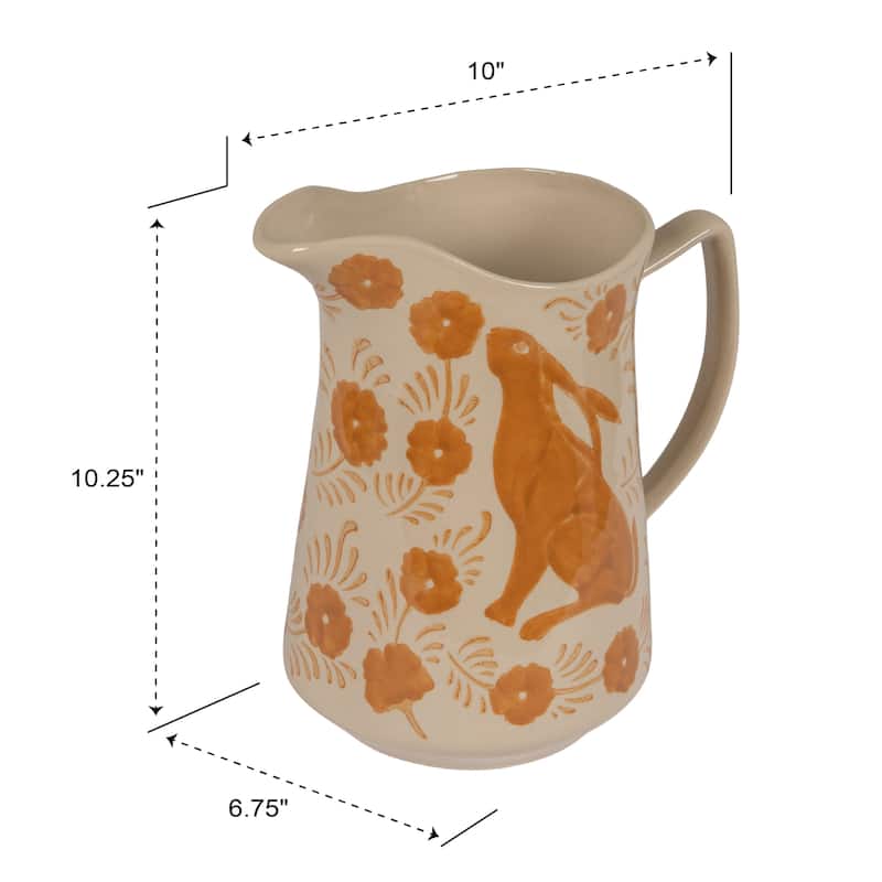 Stoneware Pitcher with Painted Rabbit and Florals