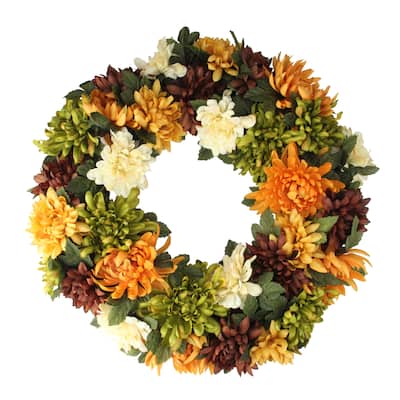 Autumn Orange Green Chrysanthemum Artificial Thanksgiving Wreath 19.5"