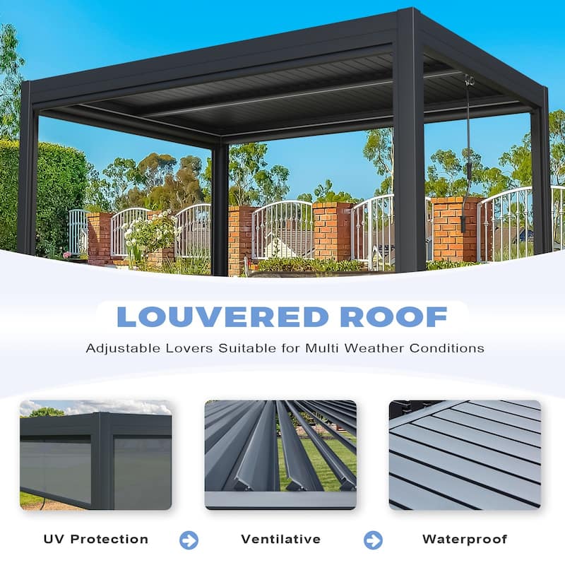 EROMMY Outdoor Louvered Pergola Gazebo with Adjustable Aluminum Rainproof Roof and Pull-Down Screen