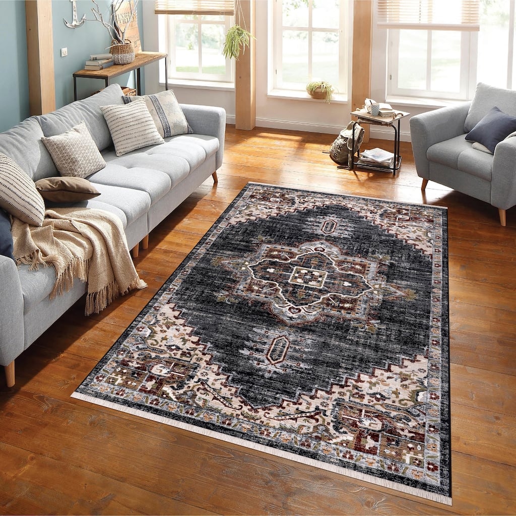 Anna Collection Ivory, Black, Grey, Rust, Green, and Gold Medallion Rug