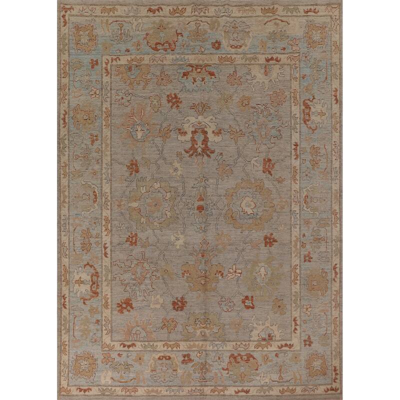 Vegetable Dye Oushak Area Rug Hand-Knotted Floral Beige Wool Carpet - 7'11" x 10'2"
