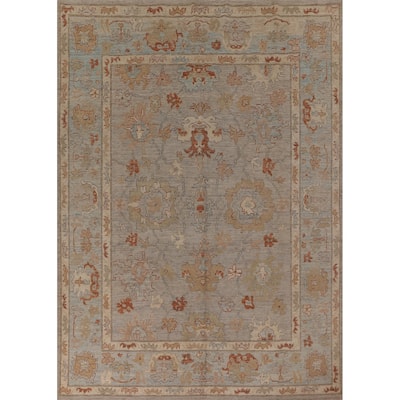 Vegetable Dye Oushak Area Rug Hand-Knotted Floral Beige Wool Carpet - 7'11" x 10'2"