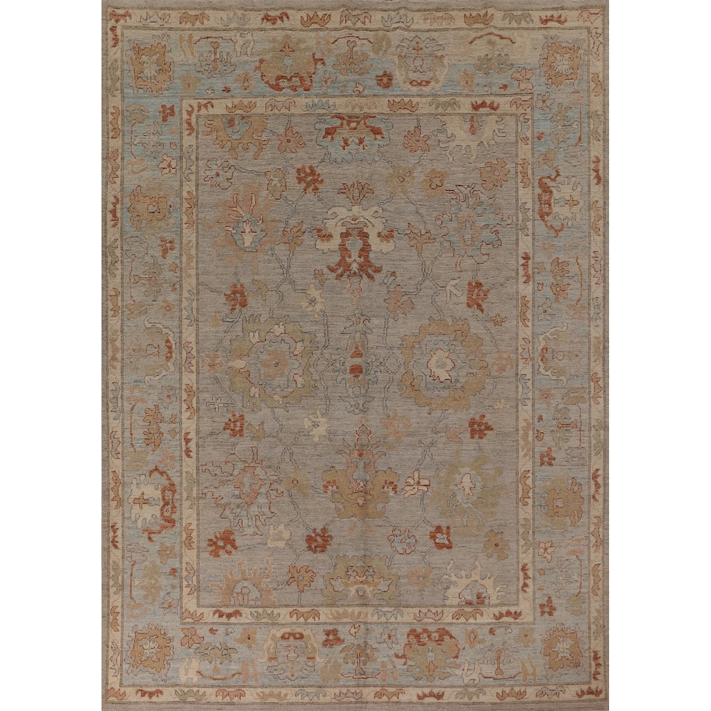 Vegetable Dye Oushak Area Rug Hand-Knotted Floral Beige Wool Carpet - 7'11" x 10'2"