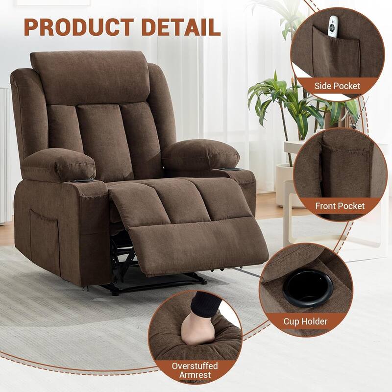 Oversized Manual Recliner Chair with Vibration Massage and Heat, Classic Overstuffed Deep Seat Sofa