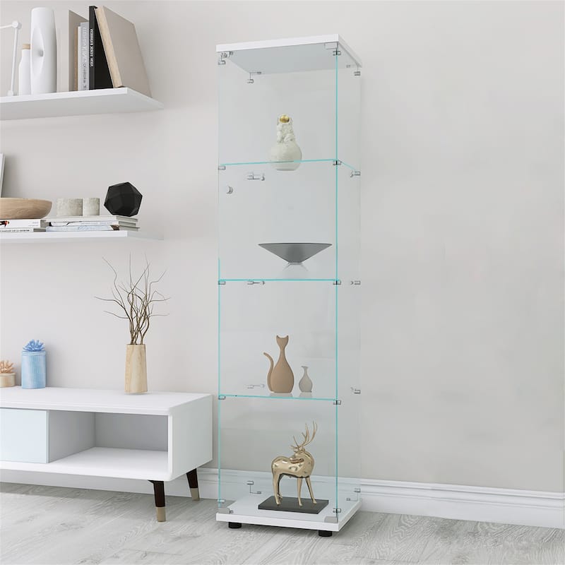 4 Shelves Glass Cabinet Glass Display Cabinet with One Door, White - White