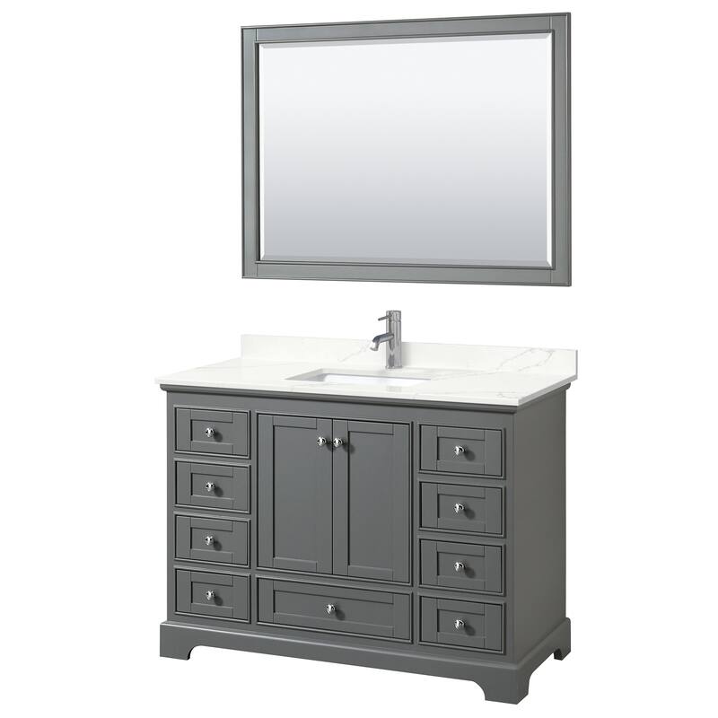 Deborah 48-inch Single Vanity, Quartz Top, 46-inch Mirror - Dark Gray, Chrome Trim, Giotto Quartz Top