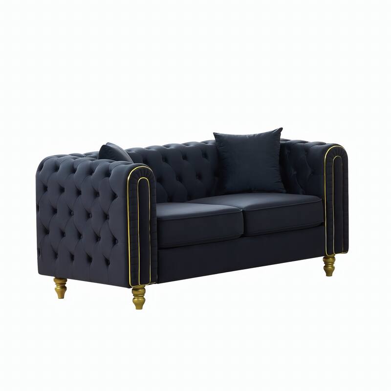 Roomfitters 63" Modern Upholstered Chesterfield Loveseat with Gold Trim, Button Back 2-Seater Couch for Small Spaces