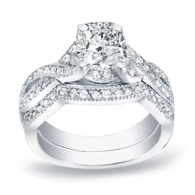 Auriya 14k Gold 1ctw Vintage Cushion-cut Diamond Engagement Ring Set