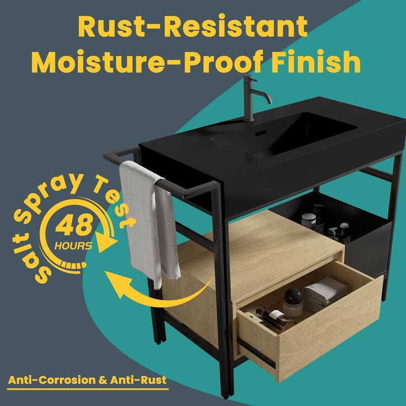 36" Industrial Modular Bathroom Vanity - Metal Frame with Seamless Artificial Stone Basin(Drain & Faucet Not Included)