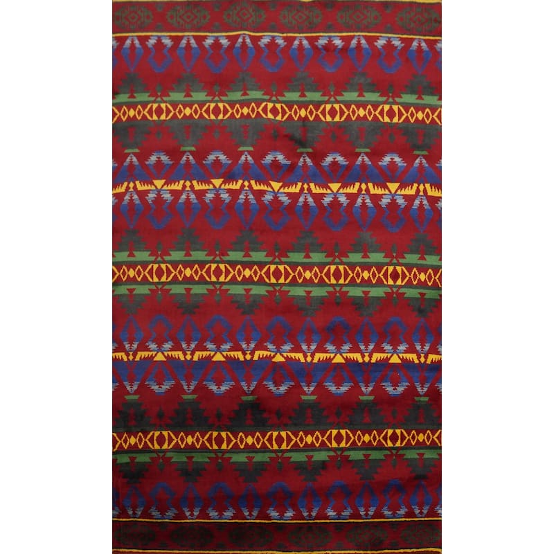 Hand-knotted Tribal Wool Red Geometric Oriental Area Rug - 9' 4'' X 5' 10''