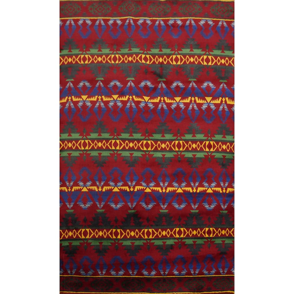Hand-knotted Tribal Wool Red Geometric Oriental Area Rug - 9' 4'' X 5' 10''