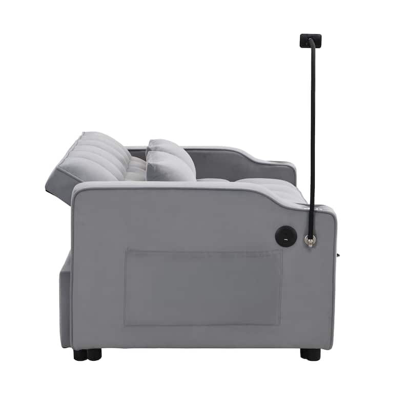 Light Gray Velvet Convertible Sleeper Loveseat Sofa with Adjustable Backrest