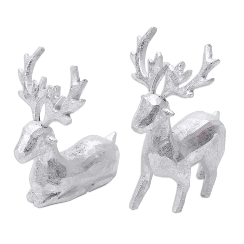 Novica Handmade Silver Reindeer Wood Figurines (Pair)