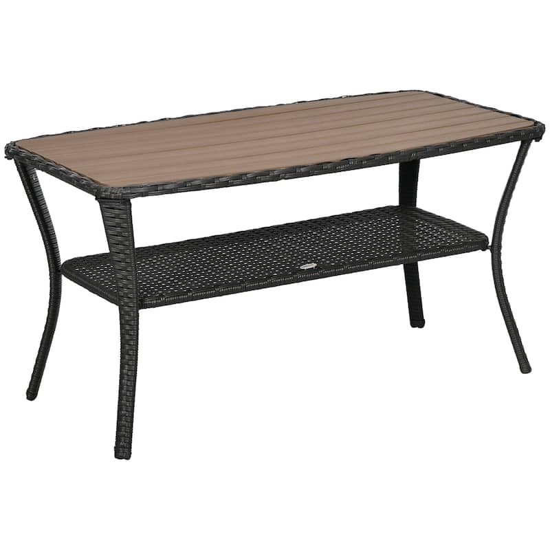 Patio PE Rattan Coffee Table with Storage Shelf, Outdoor 2-Layer Side Table with Wood-plastic Composite Top