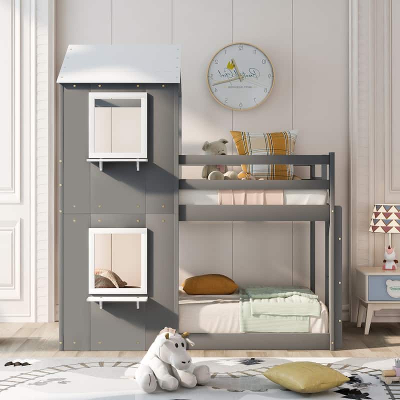 Grey Twin over Twin Solid Wood Bunk Bed with Roof, Window, Guardrail, and Ladder