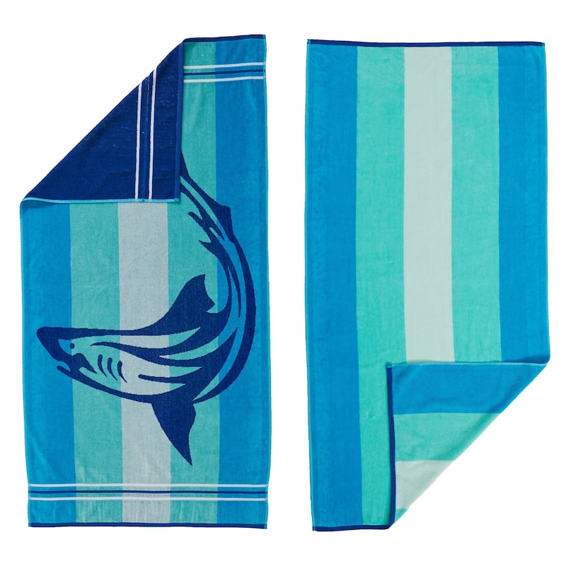 Luxurious Cotton Printed Beach Towel - 30" x 60" - Shark / Stripe