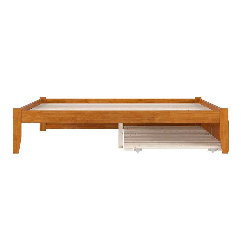 King Size Wood Platform Bed with Trundle - Coastal Cottage Style Bed Frame - Light Toffee Finish