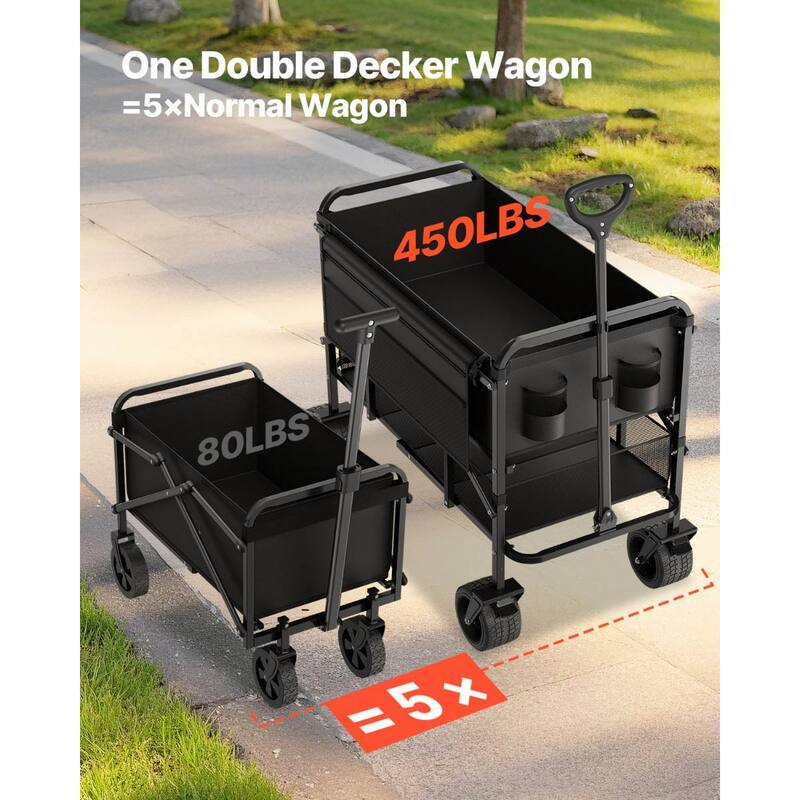 Black Steel Double Decker Wagon Folding Cart with 600D Oxford Fabric and PVC Wheels - 44.09 in x 22.05 in x 31.50 in