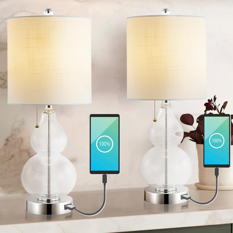 Horizon 22" Classic Vintage Glass LED Table Lamp with USB Charging Port, (Set of 2) by JONATHAN Y