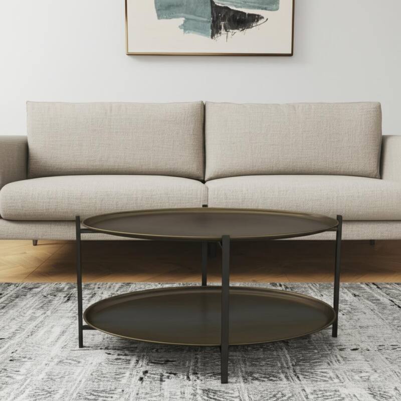 HomeRoots 26" Antiqued Bronze and Black Steel Oval Two Tier Coffee Table - 26.00 in. x 17.70 in. x 18.00 in. - Antiqued Bronze