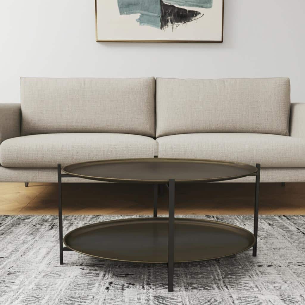 HomeRoots 26" Antiqued Bronze and Black Steel Oval Two Tier Coffee Table - 26.00 in. x 17.70 in. x 18.00 in.