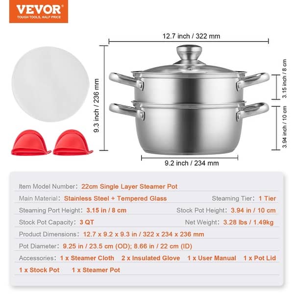 dimension image slide 2 of 4, VEVOR Steamer Pot, Steamer Pot for Cooking with Stock Pot and Vegetable Steamer