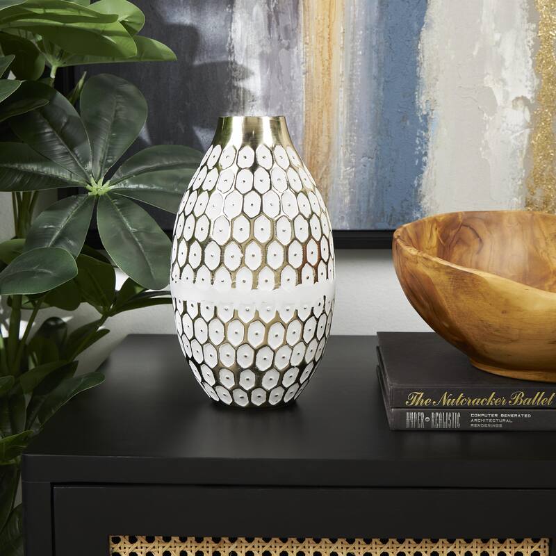 Metal Geometric Geometric Dot Decorative Vase with White Accents - Gold - Roche River Decor