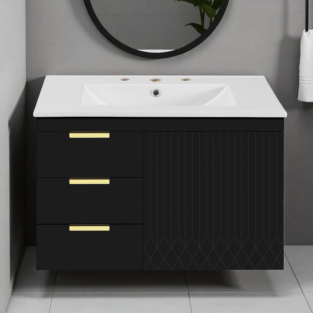 30-Inch Wall Mounted Bathroom Vanity with Sink, Modern Floating Cabinet with Soft-Close Door and Drawers