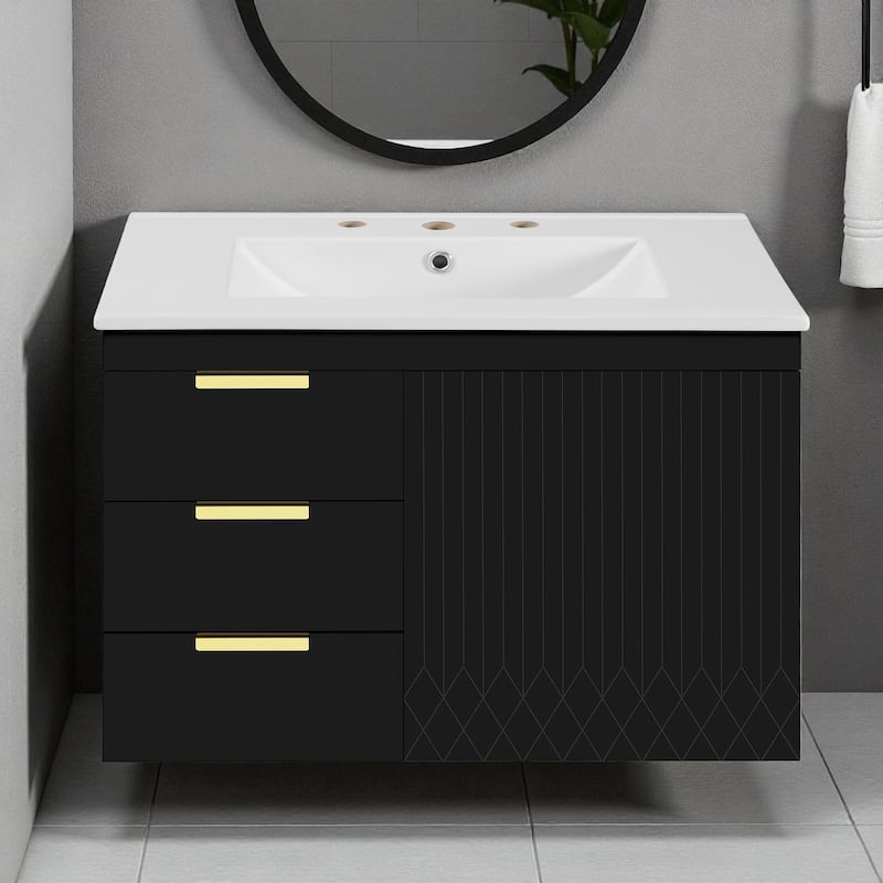 30-Inch Wall Mounted Bathroom Vanity with Sink, Modern Floating Cabinet with Soft-Close Door and Drawers - Black