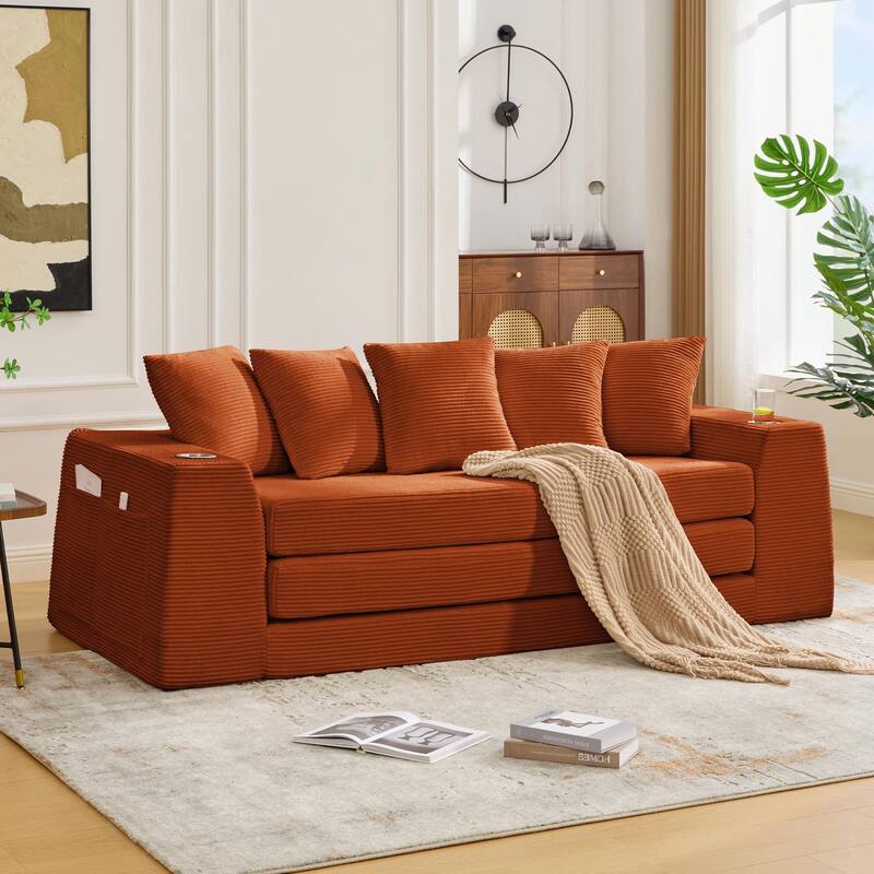 2 in 1 Convertible Sofa Bed, Sleeper Sofa with Storage Pockets, Pull Out Loveseat Couch with Two Cup Holders