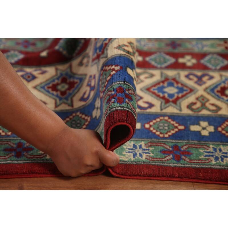 Large Red Geometric Kazak Oriental Area Rug Handmade Wool Carpet - 9'8" x 15'6"