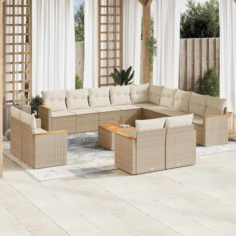 vidaXL Patio Sofa Set with Cushions Outdoor Conversation Furniture Poly Rattan - 24.4 x 24.4 x 27.2 in - Beige with table