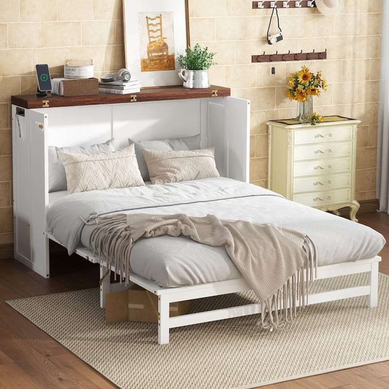 Murphy Bed Cabinet Full with Storage Drawer and Charging Station, USB Port, Solid Pine Murphy Bedframe for Home Office - Walnut,White