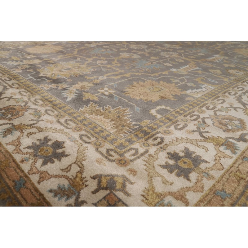 Geometric Gray Oushak Indian Area Rug Hand-Knotted Wool Carpet - 9'3"x 11'8"