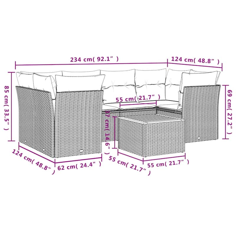 vidaXL Patio Sofa Set with Cushions Outdoor Furniture 7 Piece Poly Rattan - 21.7 x 21.7 x 14.6