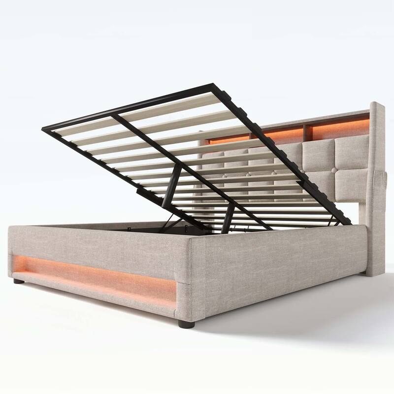 Vintage Design Platform Bed with Hydraulic Storage,LED, and USB Charging,(Mattress Not Included)