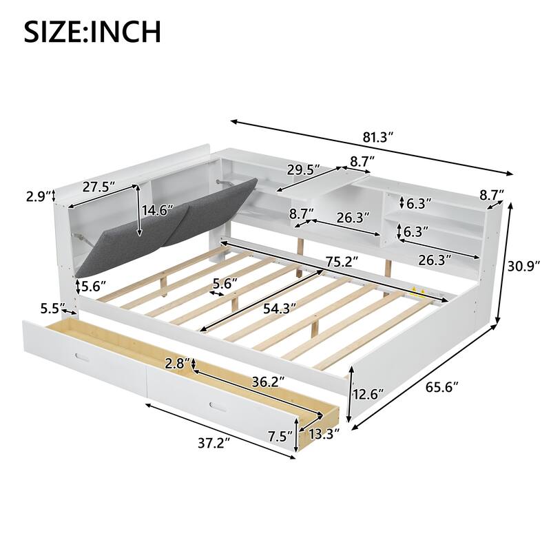 Full Size Wood Platform Bed with Storage Headboard, Shelves, and 2 Drawers in Gray - No Box Spring Required