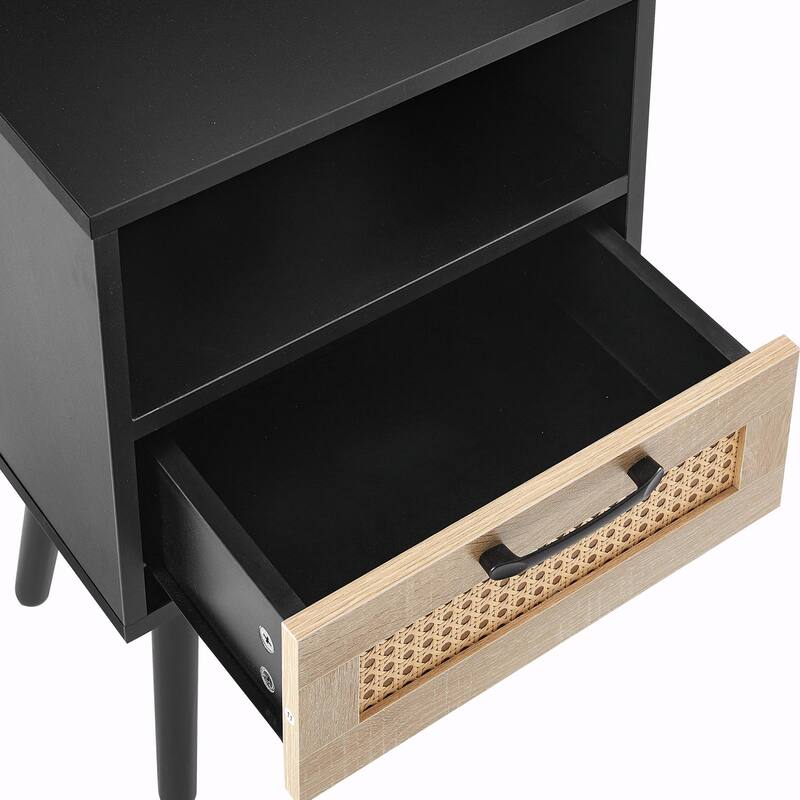 Rattan Nightstand with Drawer, Solid Wood Legs, 16"" Side Table