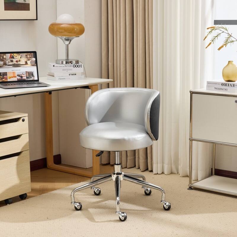 Modern PU Swivel Chair Armless Adjustable Rolling Office Desk Chair with Wheels and Backrest Support - N/A - Silver/Black