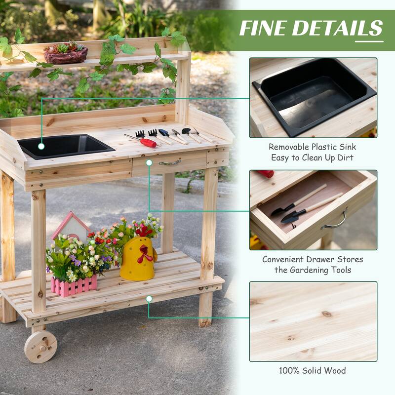 Outsunny 36.25" x 17.75" x 46.75'' Wooden Potting Bench Work Table with 2 Removable Wheels & Large Storage Spaces