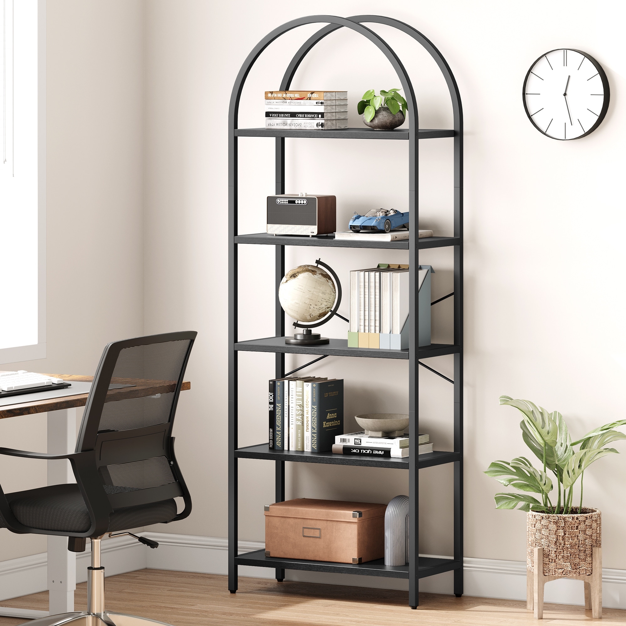 5-Tier Arched Bookcase with Metal Frame - Modern Display Shelf, Etagere Storage Organizer for Bedroom & Home Office