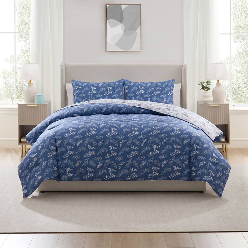 Empyrean 3PC Reversible Botanical Printed Comforter Bedding Set - Slate Blue - Queen