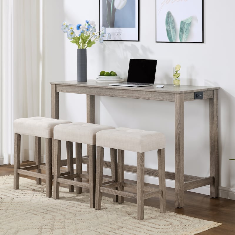 4 PCS Bar Table Dining Sets with Counter Stools and Built-in Power Outlets - Cream